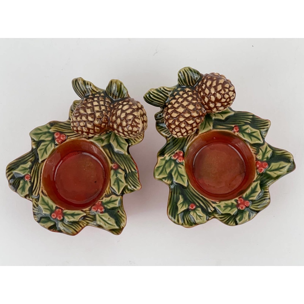 Ceramic Pine Cone Holly Berry Tea Light Candle Holder Winter Decor Set of 2